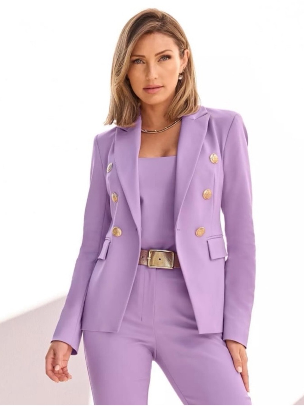 Boston Proper Lavender Double-Breasted Blazer with Gold Buttons